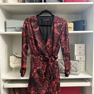 Zara Red and Black Patterned Long Sleeve Dress